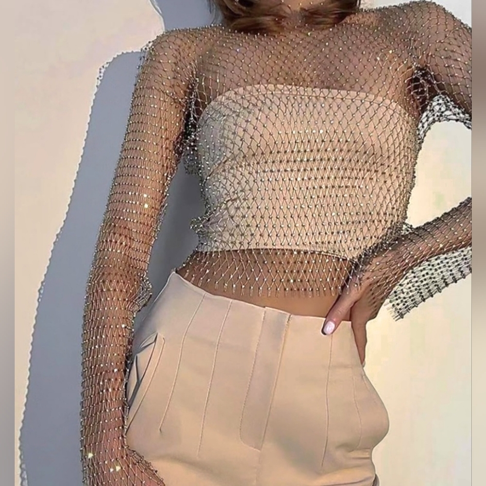 Gold Rhinestones Mesh Metallic Crop Top Bell Sleeve Sexy Glam Festival One Size